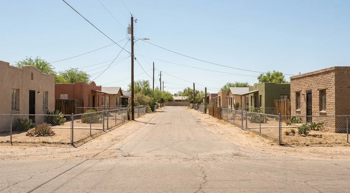 Small older stucco and brick homes on a street in Barrio Anita, Tucson