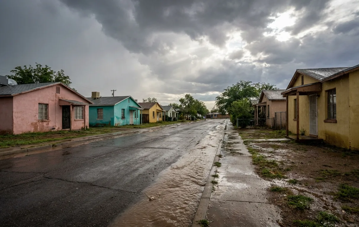 Brightly painted homes in Barrio Hollywood with storm runoff along the curb