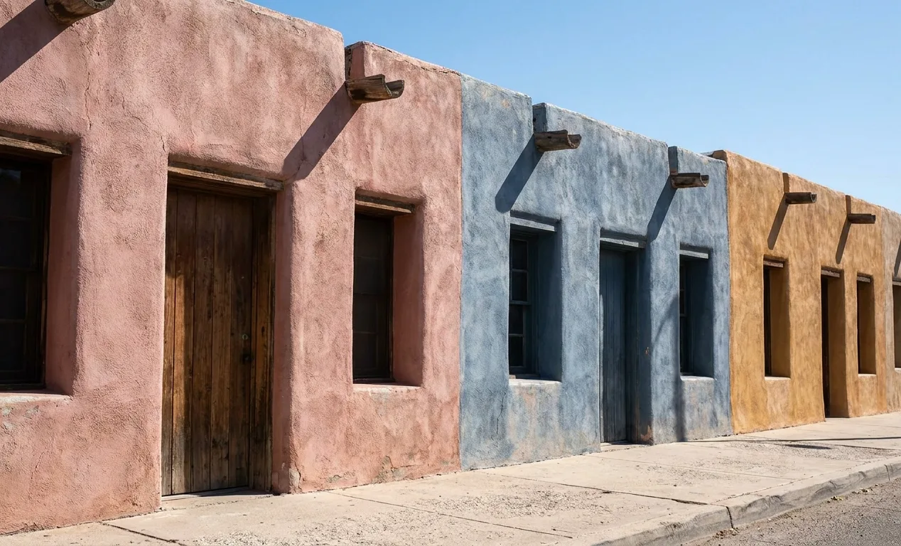 Colorful historic adobe row houses with canales in Barrio Viejo, Tucson