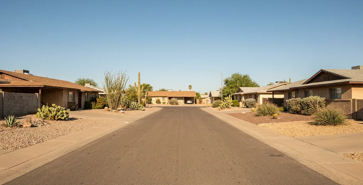 Single-storey slab-on-grade ranch homes with gravel yards in Tucson