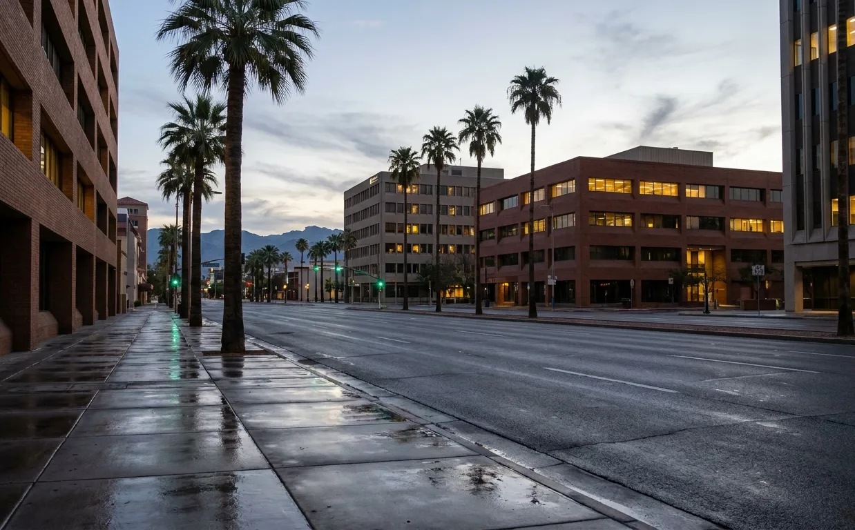 Downtown Tucson buildings and palm trees at dusk after rain