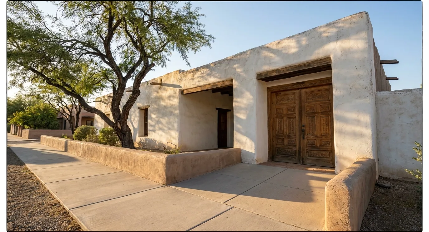 Historic whitewashed adobe home with a carved wooden door in El Presidio, Tucson