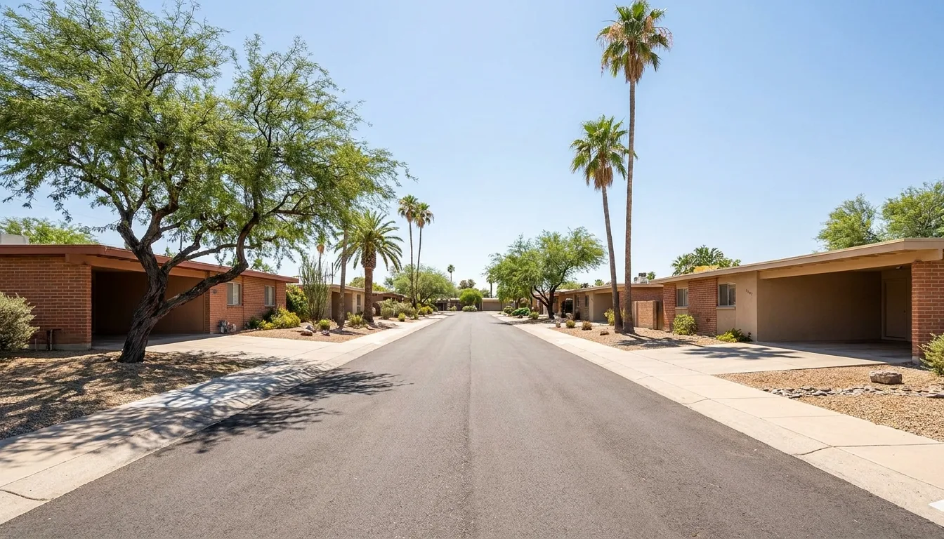 Mid-century brick and stucco homes with carports on a Midtown Tucson street