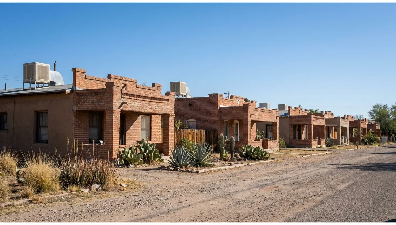 Flat-roofed bungalows with rooftop swamp coolers in Pie Allen, Tucson