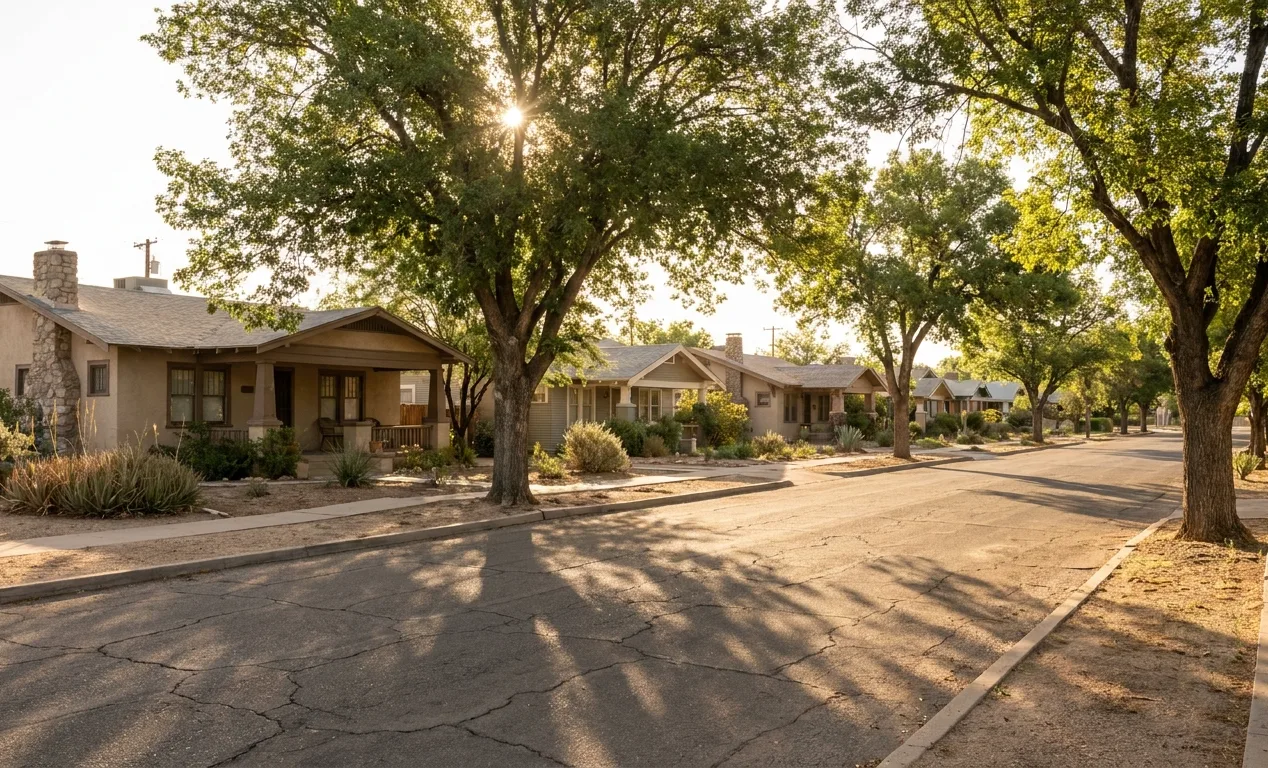 1920s and 1930s bungalows and duplexes on a street in Rincon Heights, Tucson