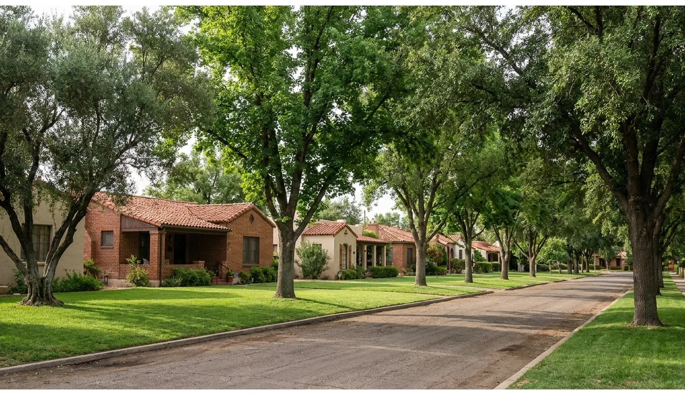 Brick bungalows and Spanish revival homes on a shaded street in Sam Hughes, Tucson