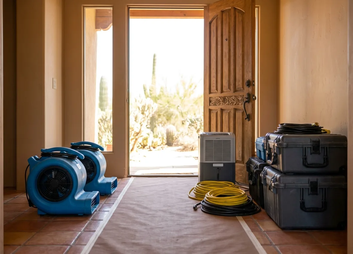 Air movers, a dehumidifier and equipment cases staged in a tiled Tucson home entry