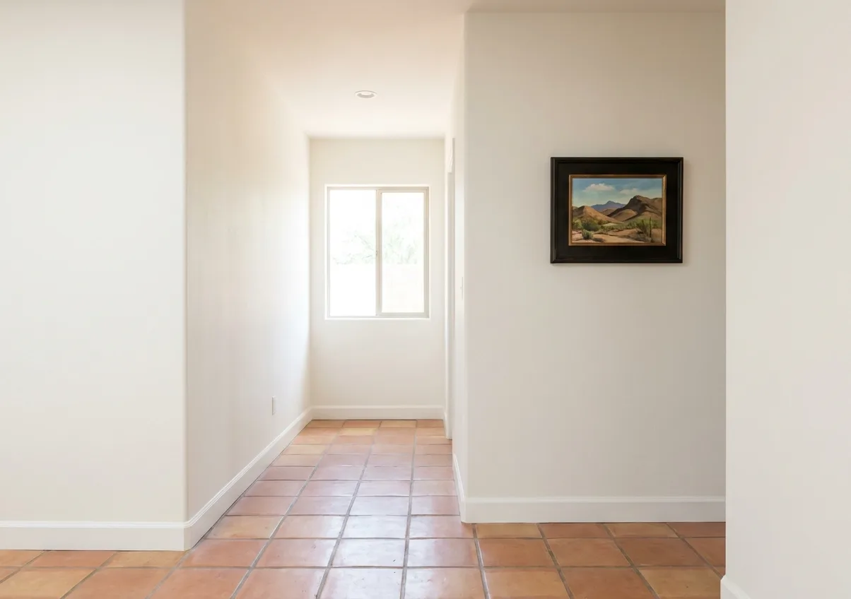 Restored hallway with fresh paint, new baseboards and a dry terracotta tile floor