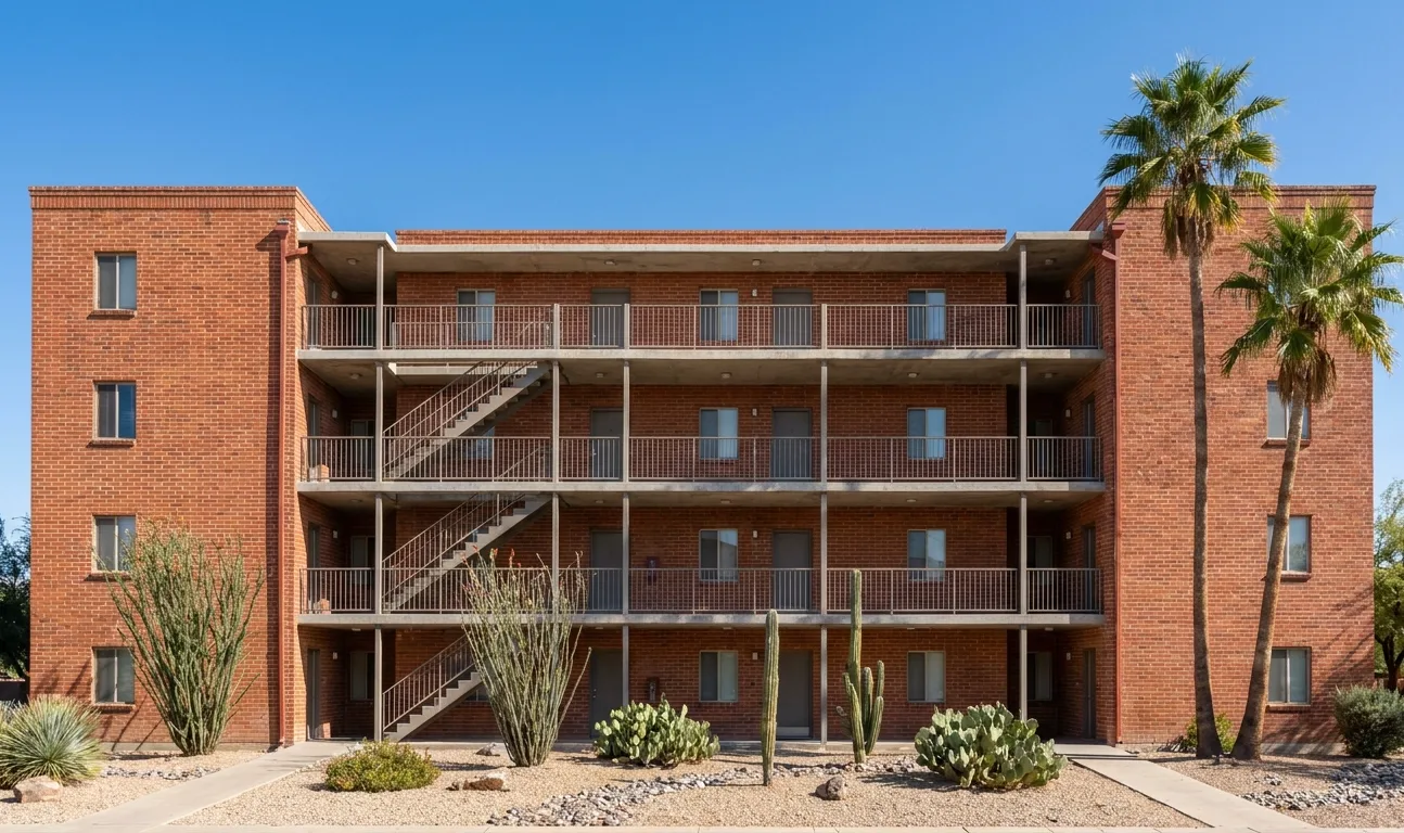 Red brick student apartment building with exterior walkways near campus in Tucson