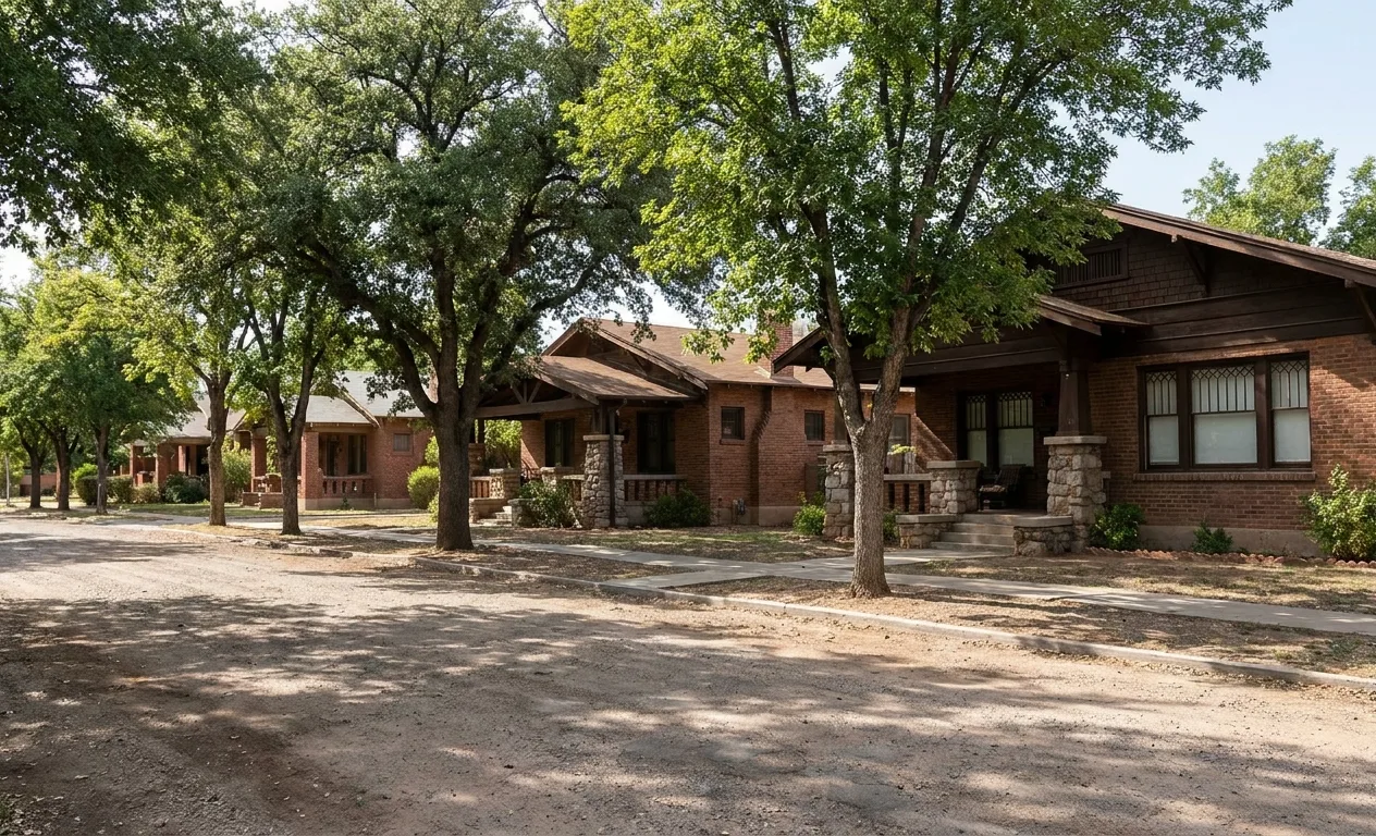 Early 1900s brick bungalows with deep porches in West University, Tucson