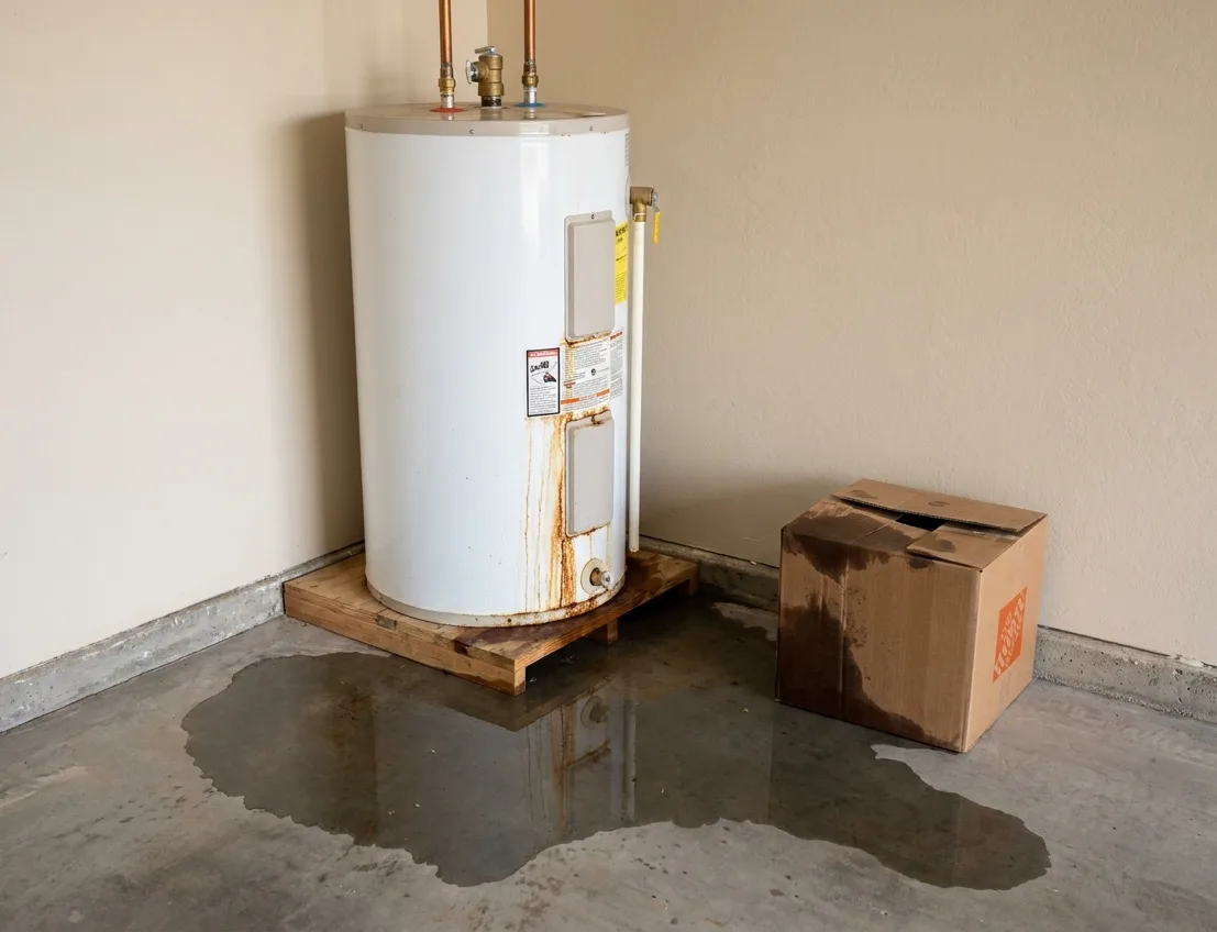Rusting tank water heater in a garage with water spreading across the concrete floor