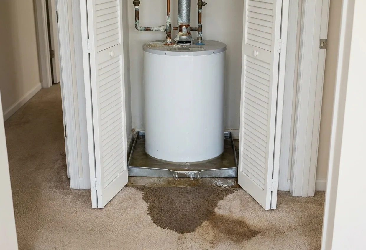 Water heater in a hallway closet, drain pan overflowing onto carpet