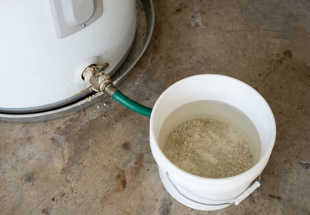 Scale-crusted water heater drain valve flushing hard-water sediment into a bucket