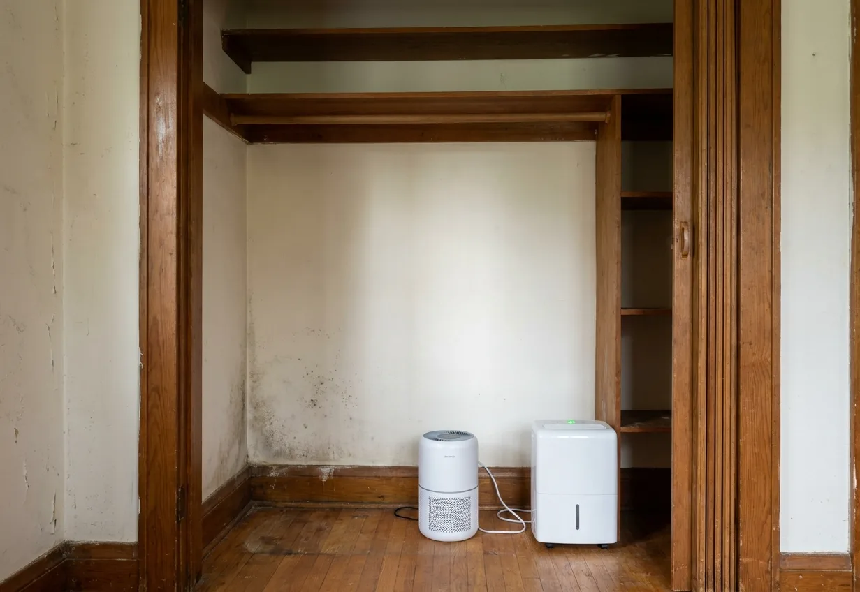 Closet with mold spotting near the floor, dehumidifier and air purifier running