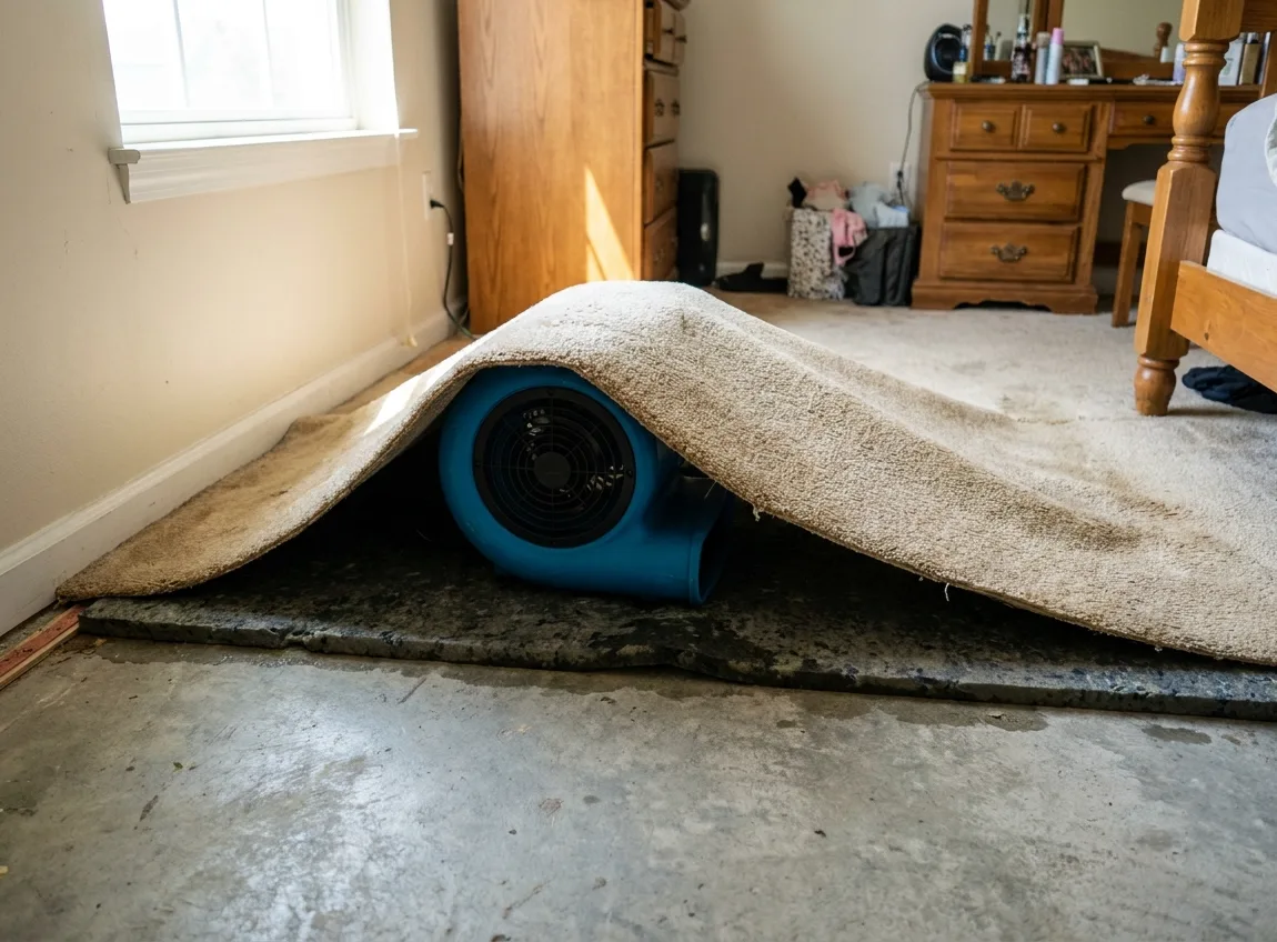 Carpet lifted off the tack strip with an air mover blowing underneath
