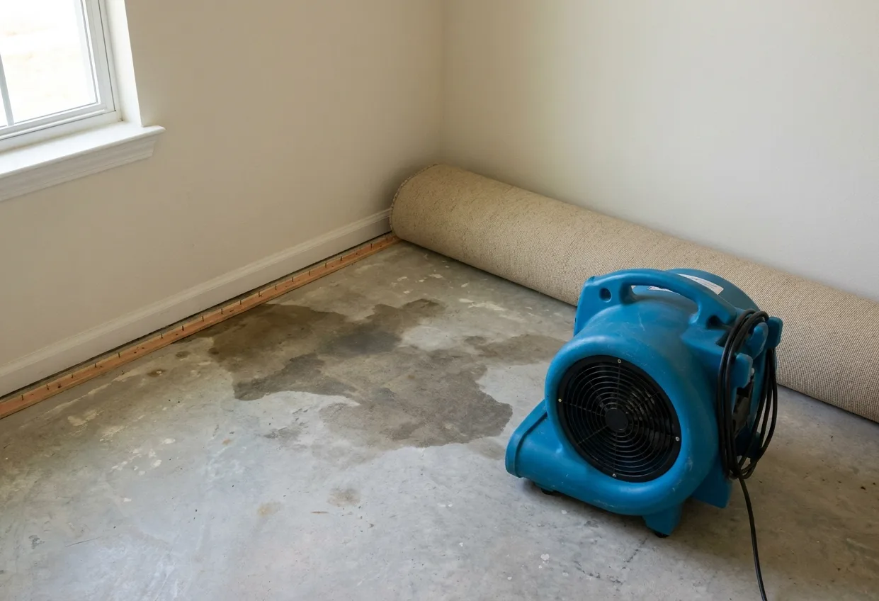 Wet pad removed to expose the tack strip and a damp concrete slab, air mover drying it